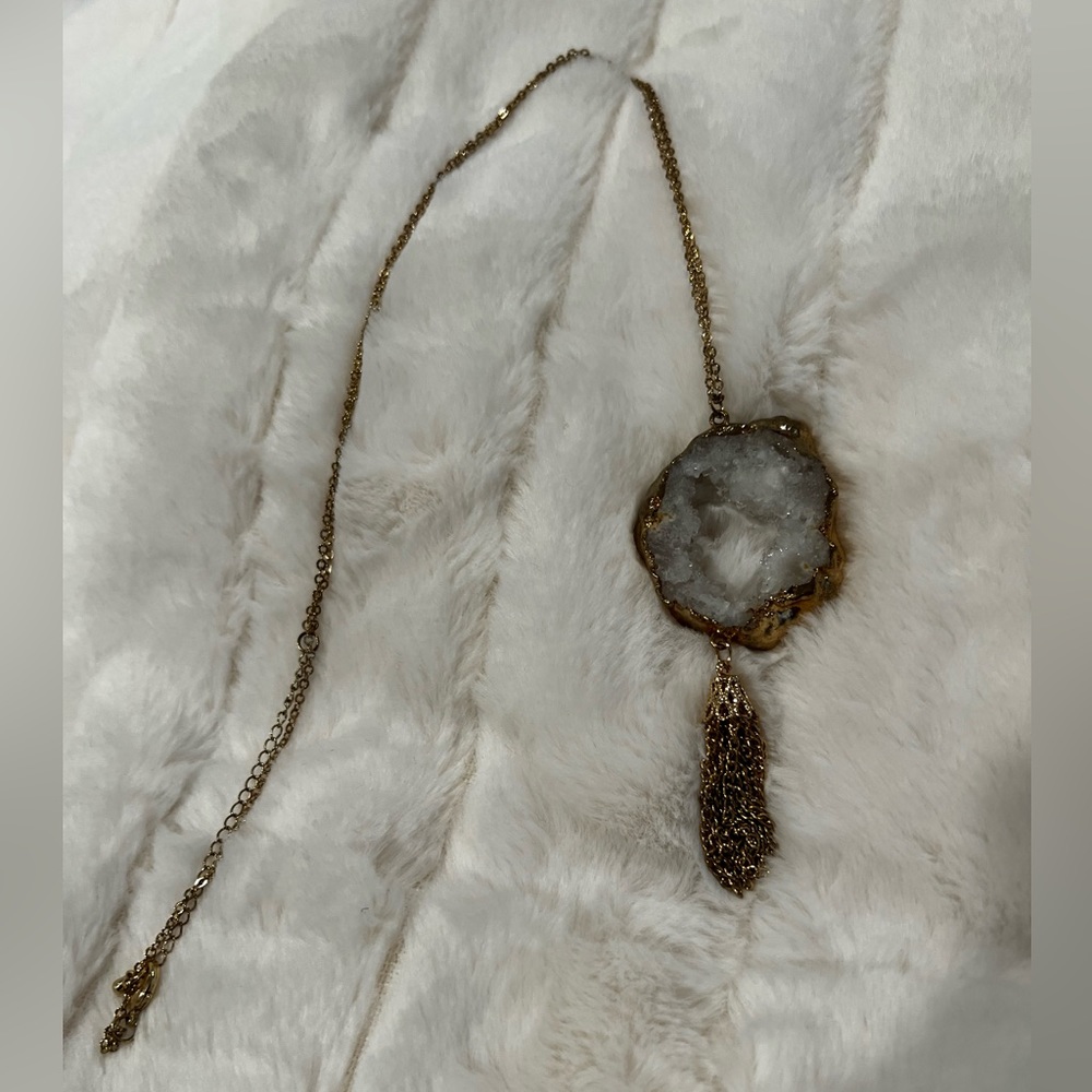 Long geode pendant necklace on gold chain